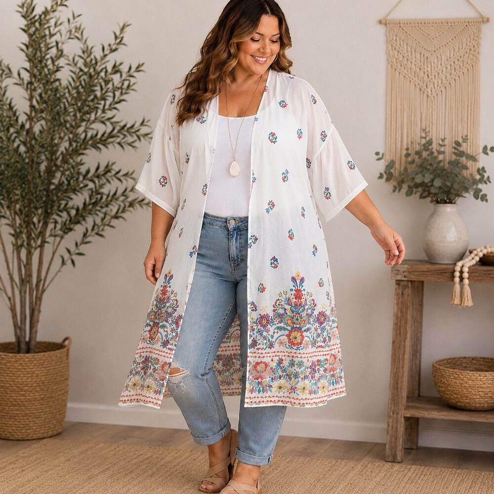 Cato Size 18/20W White Floral Border Print Open Front Kimono Duster Cardigan NWT